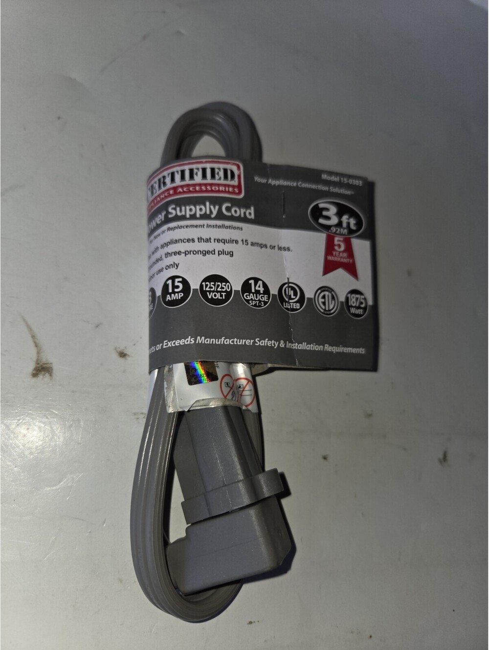 Certified Appliance Accessories power supply cord 3 ft model 15-0303 SF2